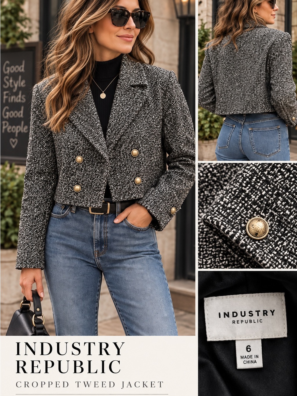 Industry Republic Clothing Tweed Cropped Jacket  Gold Button Size 6 #1224CL